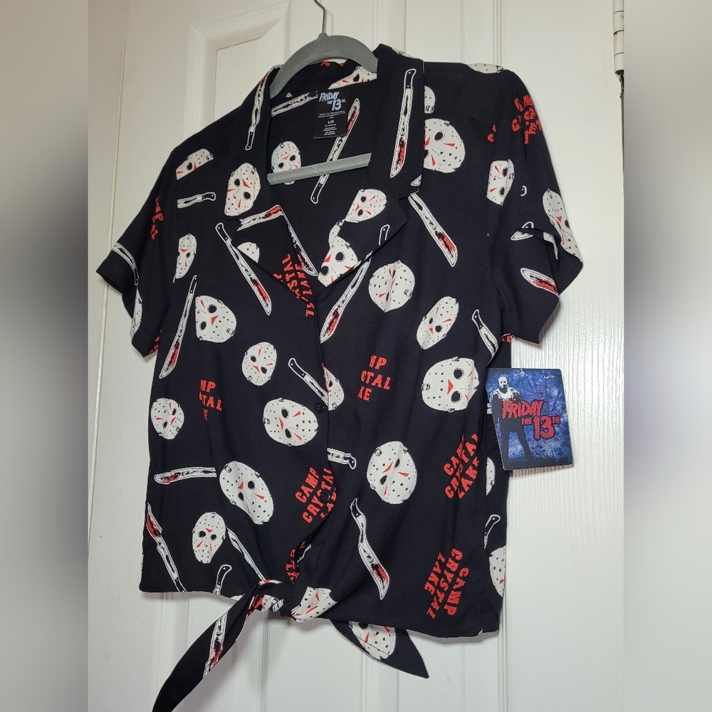Friday the 13th Camp Crystal Lake Tie-Front Button-up Shirt Machete Horror Large - Picture 4 of 11